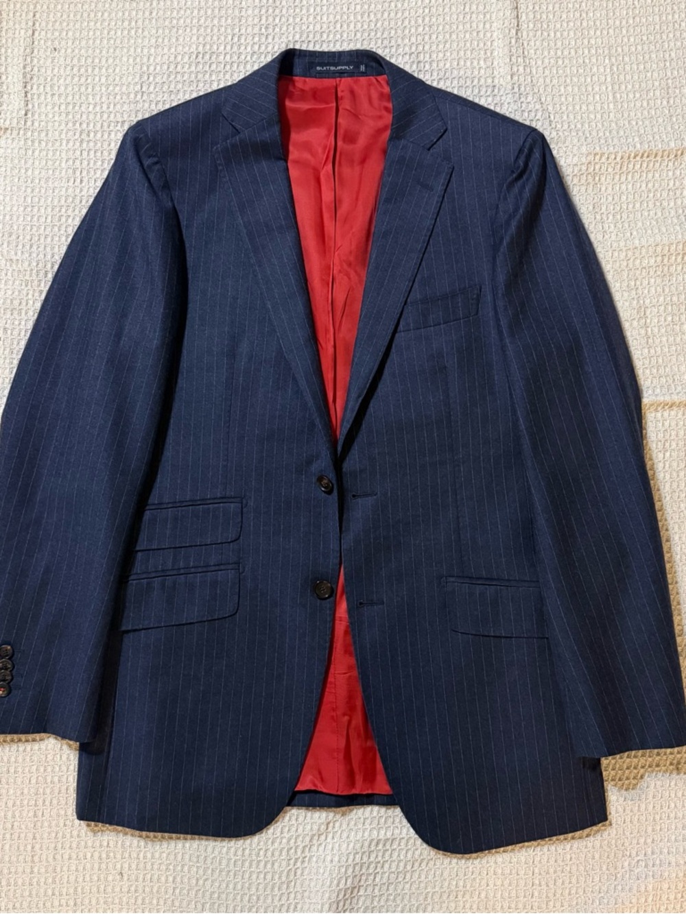 Suitsupply Navy Pinstripe Suit Jacket with Red Lining